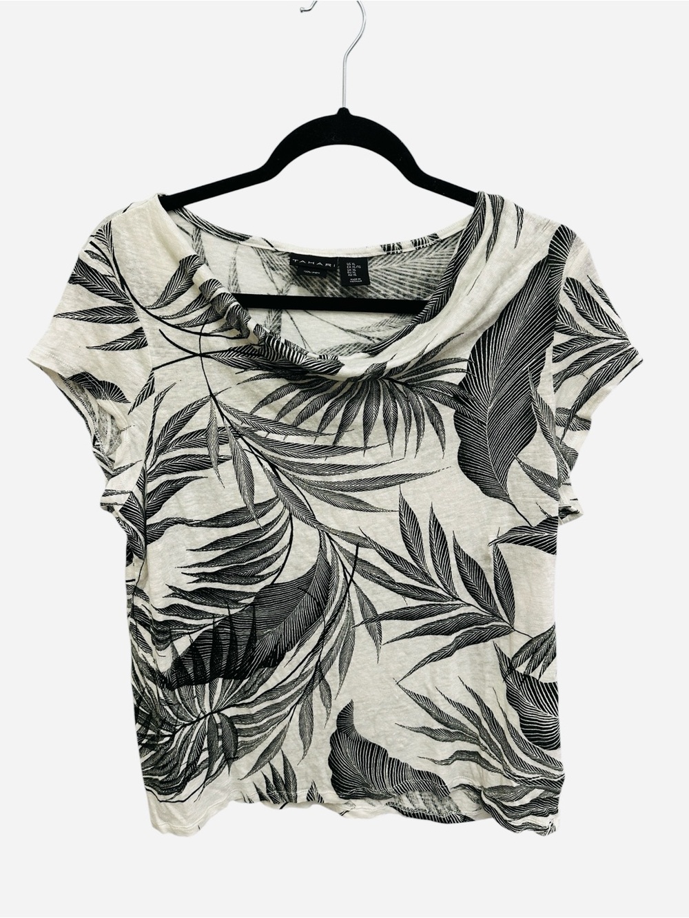 Tahari 100% linen draped neck top in black white palm leaf print Size XL